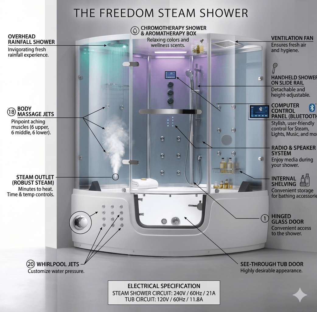 Freedom Luxury Steam Shower Tub - Aquapeutics LLC