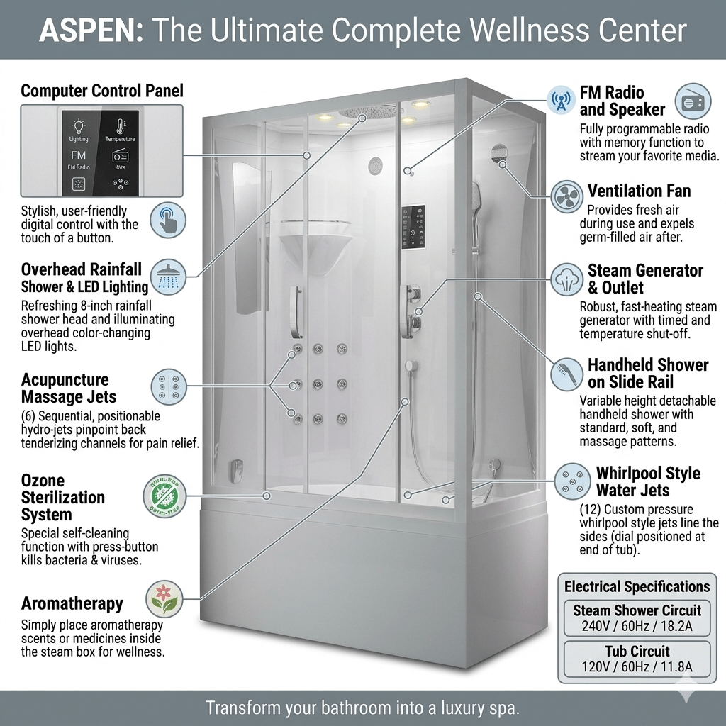 Aspen Luxury Steam Shower Tub - Aquapeutics LLC